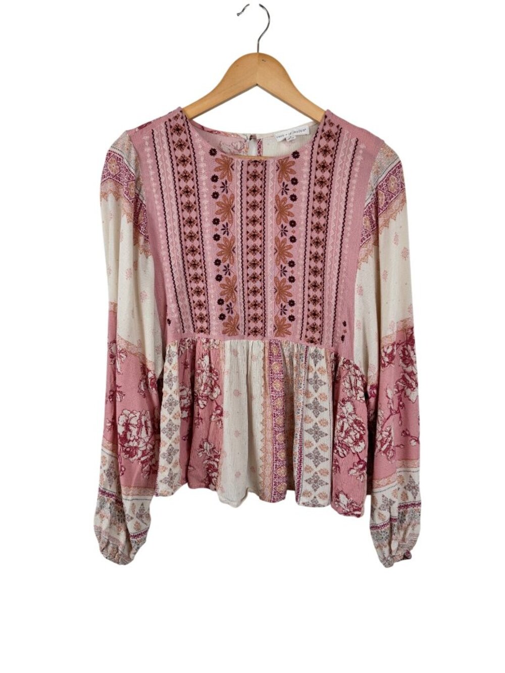 Coco + Jaimeson Pink Floral Blouse Boho Embroidered Cottage Details Size S